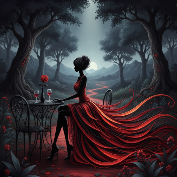 Lady in red sat at a table with wine glasses in a forest